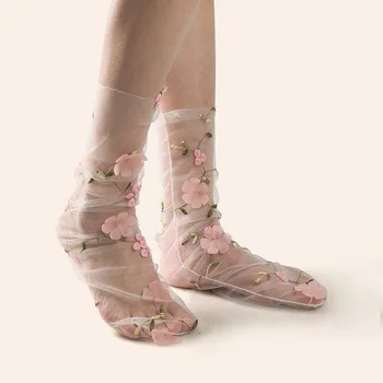 1 пара летних сетчатых носков средней длины с вышивкой в цветочек, тонкие носки, женские удобные дышащие нейлоновые прозрачные мягкие женские носки Sox 0