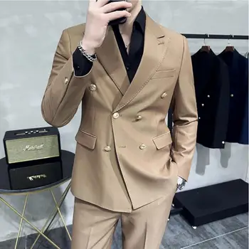 2023 Мужской однотонный деловой приталенный комплект с золотыми пуговицами, модный двубортный повседневный роскошный мужской свадебный комплект (куртка + брюки)