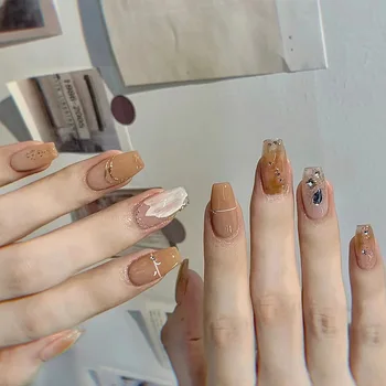 24шт Шикарных осенне-зимних накладных ногтей со стразами Французского дизайна, коротких квадратных, полностью покрывающих кончики ногтей, надеваемых накладными ногтями