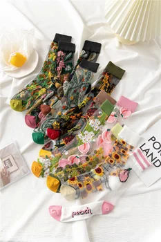 3 Пары / лот Новинка Harajuku Новый продукт Crystal Silk Tide Носки Забавные Подсолнухи Лозы Цветы Счастливые Женские носки Высокого качества 0