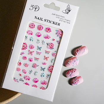 5D Наклейка для дизайна ногтей в виде розы и бабочки с тиснением, выгравированный цветок / листья, Клейкие наклейки для украшения ногтей, Маникюрные слайдеры