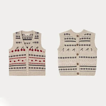 BP2023, Осенне-зимний шерстяной вязаный свитер, Вишневый жилет для девочек, Детские топы от 2 до 12 лет
