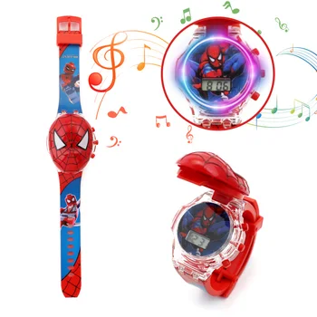 Disney Marvel Человек-паук, железный Человек, Замороженные, Детская музыка, мигающий свет, светящиеся флип-часы, игрушечные часы для мальчиков и девочек, подарок на день рождения