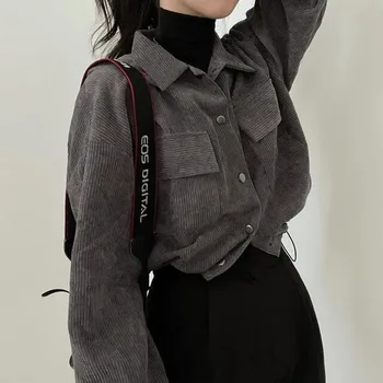 Hdspq Новая женская вельветовая куртка 2023 Осень Зима Корейская мода Куртки с длинным рукавом и завязками Женские однобортные пальто