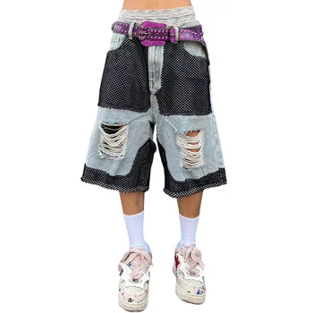 High Street Destroyed Короткие джинсы в стиле хип-хоп оверсайз с сеткой в стиле пэчворк, модная уличная одежда, Рваный деним, Короткий Свободный крой, Y2K