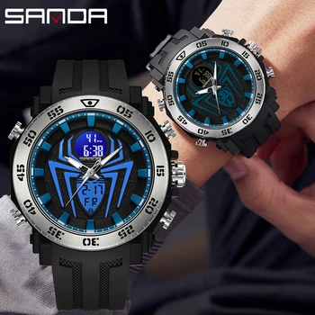 SANDA Fashion Sports 50-метровые водонепроницаемые часы Кварцевые часы с двойным дисплеем Мужские электронные часы с синим свечением со светодиодной подсветкой Мужские часы 0