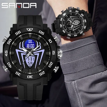 SANDA Fashion Sports 50-метровые водонепроницаемые часы Кварцевые часы с двойным дисплеем Мужские электронные часы с синим свечением со светодиодной подсветкой Мужские часы 1