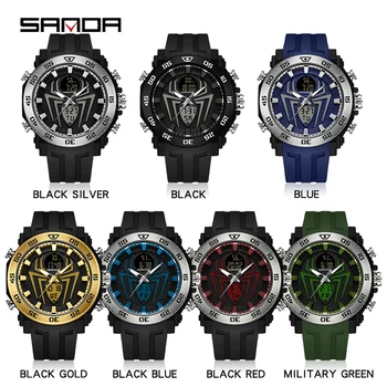 SANDA Fashion Sports 50-метровые водонепроницаемые часы Кварцевые часы с двойным дисплеем Мужские электронные часы с синим свечением со светодиодной подсветкой Мужские часы 3