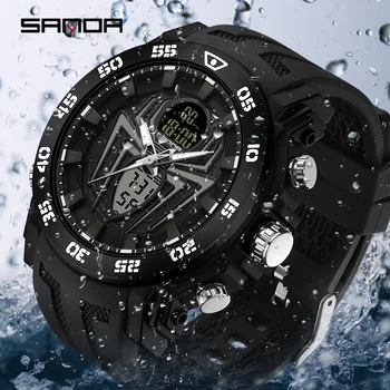SANDA Fashion Sports 50-метровые водонепроницаемые часы Кварцевые часы с двойным дисплеем Мужские электронные часы с синим свечением со светодиодной подсветкой Мужские часы 4