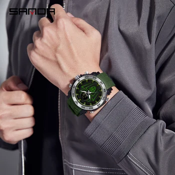 SANDA Fashion Sports 50-метровые водонепроницаемые часы Кварцевые часы с двойным дисплеем Мужские электронные часы с синим свечением со светодиодной подсветкой Мужские часы 5