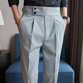 Британский Стиль Осень Новый мужской костюм с высокой талией Брюки Дизайн ремня Slim Fit Социальные Брюки Формальные Деловые Офисные брюки высокого качества