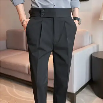 Британский Стиль Осень Новый мужской костюм с высокой талией Брюки Дизайн ремня Slim Fit Социальные Брюки Формальные Деловые Офисные брюки высокого качества 2