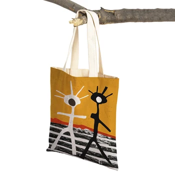 Винтажная художественная сумка для покупок, абстрактный минималистичный цветной блок, Девушка-дерево, женские сумки для покупок, повседневная холщовая сумка с двойным принтом.