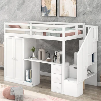 Двуспальная кровать-чердак со шкафом и лестницей, письменным столом, ящиками для хранения и тумбой в 1, белый