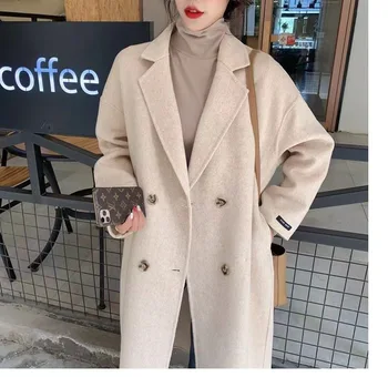 Двустороннее кашемировое пальто Женское средней длины 2023, Новое шерстяное пальто-кокон в корейском стиле Хепберн с открытыми плечами, женское