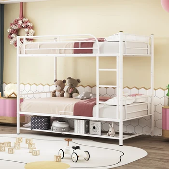 Двухъярусная кровать Twin Over Twin Bde, Металлическая двухъярусная кровать простого дизайна с полкой и перилами, Двухъярусная кровать может быть разделена на 2 Односпальные кровати для детей