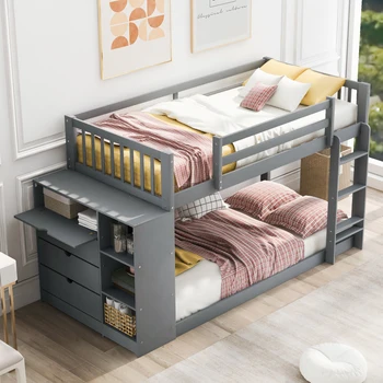 Двухъярусная кровать Twin over Twin, прочная двухъярусная кровать со встроенной лестницей, пристроенный шкаф для хранения вещей и полки, ограждения во всю длину, для спальни