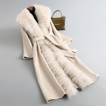 Женская Длинная куртка из 100% шерсти с роскошным воротником из лисьего меха, теплые пальто для девочек JT3253