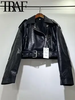 Женская мотоциклетная куртка TRAF из искусственной кожи 2023, Осенняя Свободная байкерская куртка из искусственной кожи с длинным рукавом, женское пальто, укороченный топ, верхняя одежда, Бедствие