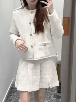 Женская твидовая куртка с необработанным краем, длинным рукавом, однобортное элегантное пальто с круглым вырезом на осень-зиму 2023 года