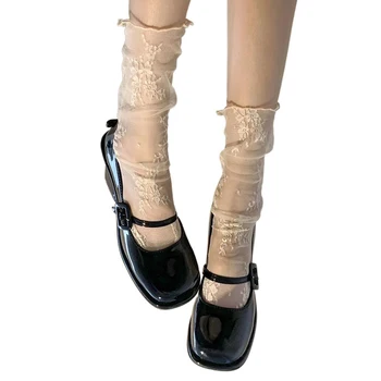 Женские кружевные носки, декорированные носки до щиколотки, Прозрачные носки с заниженной талией, Носки из прозрачного тюля, Сетчатые чулки с ворсом