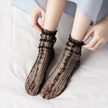 Женские носки Lolita, весенне-летние носки в тонкую сетку, Японские шелковые носки JK Black White, кружевные шелковые носки Sweet Love Lei