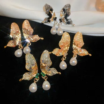 Женские серьги с украшением в виде хрустальной бабочки, имитирующие жемчужные крылья, висячие серьги, вечерние украшения