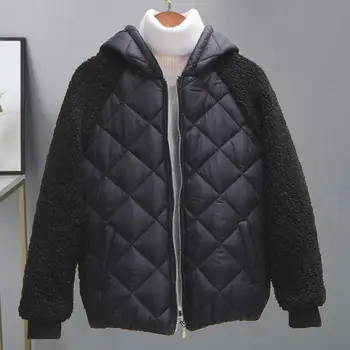 Женское зимнее хлопчатобумажное пальто из утолщенного мягкого плюша Больших размеров С длинным рукавом и капюшоном, с карманами в стиле пэчворк, Ветрозащитная женская куртка