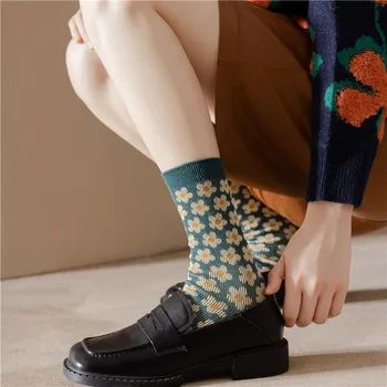 Зеленые носки в стиле харадзюку, женские носки в Японскую клетку в стиле ретро, Носки средней длины, модные Винтажные носки с ворсом для женщин высокого качества