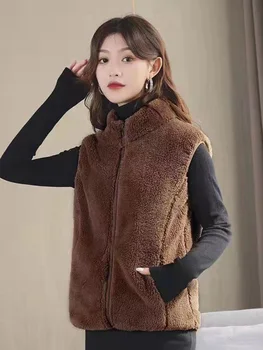 Зимнее женское пальто, бархатный утолщенный теплый жилет на молнии со стоячим воротником, пальто с высоким воротником и карманом, повседневный свободный жилет большого размера