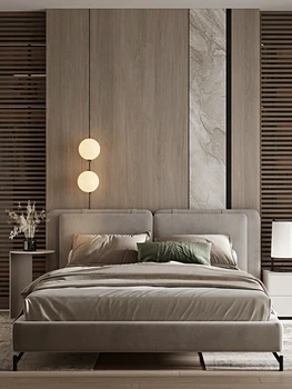 Кожаная кровать Современная простая Большая кровать в главной спальне, высококачественная атмосферная Многофункциональная кровать для хранения вещей, кожаная кровать из массива дерева