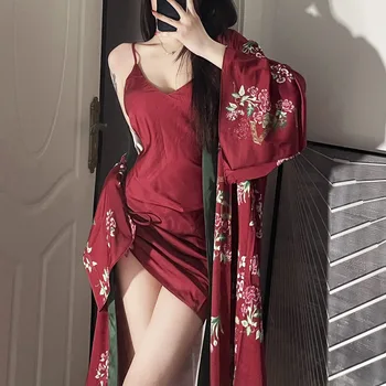 Комплект свадебного халата невесты в китайском стиле бордового цвета, сексуальное кимоно с цветочным принтом, халат, ночная рубашка, свободная атласная ночная рубашка, домашняя одежда