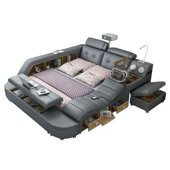 Кровать из натуральной кожи Многофункциональные кровати, Массажная кровать Ultimate Camas с мягкой обивкой, подсветкой Bluetooth, динамиком, массажером, проектором, Mi 5