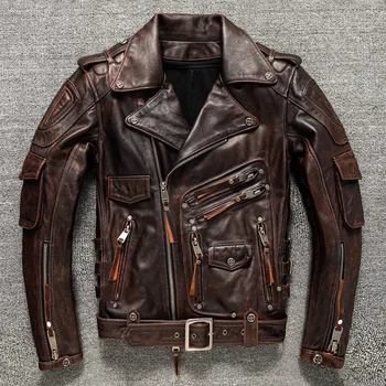 Куртка из воловьей кожи верхнего слоя в стиле ретро, коричневый мотоциклетный костюм из телячьей кожи, мужская тонкая куртка для езды на мотоцикле из кожи тяжелой промышленности 0