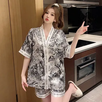Летний пижамный комплект в стиле кимоно для женщин, свободные удобные шорты с короткими рукавами, пижама, домашняя одежда, комплект из двух предметов, пижамный костюм