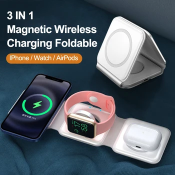 Магнитное Беспроводное Зарядное Устройство мощностью 15 Вт для Apple Watch серии 7 8 6 3 se Портативная Складная Док-станция Для Быстрой Зарядки Iphone 14 13 12 /AirPods 3 2 4