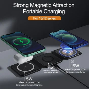 Магнитное Беспроводное Зарядное Устройство мощностью 15 Вт для Apple Watch серии 7 8 6 3 se Портативная Складная Док-станция Для Быстрой Зарядки Iphone 14 13 12 /AirPods 3 2 5