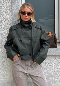 Модная Короткая куртка-ветровка с воротником-стойкой для женщин, Повседневный Свободный пояс, пальто с длинным рукавом, Осенние женские мотоциклетные куртки 2023 года. 0