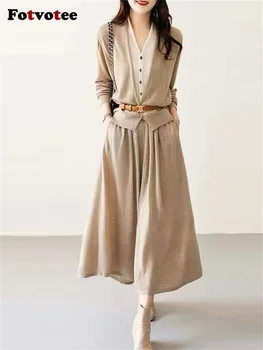 Модный элегантный комплект юбок для женщин Осень-зима 2023, винтажный вязаный кардиган с длинным рукавом и V-образным вырезом и юбка, комплект из 2 предметов