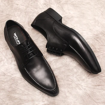 Мужская обувь Кожаные оксфорды в деловом стиле из натуральной коровьей кожи, классические мужские модельные туфли, черные коричневые свадебные мужские туфли на шнуровке, официальная обувь