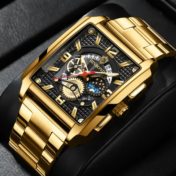 Мужские кварцевые часы Люксового бренда, модные Деловые Золотые часы с большим циферблатом, стальные Тактические Водонепроницаемые наручные часы Reloj Hombre
