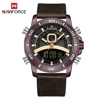 Мужские часы Naviforce от ведущего люксового бренда с двойным механизмом, водонепроницаемые спортивные часы, кварцевые часы в стиле милитари, кожаные Relogio Masculino 0