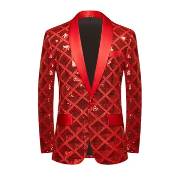 Мужской Блестящий Красный Блейзер с пайетками, пиджак, Стильный Смокинг с воротником-шалью на одной пуговице, Блейзеры, Мужская вечеринка, Свадебный банкет, Костюм для выпускного вечера 0