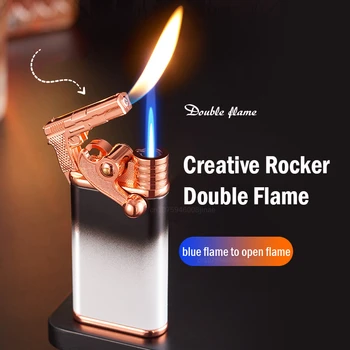 Новая креативная металлическая зажигалка с двойным пламенем в форме пистолета С прямым переключением открытого пламени, надувная зажигалка-качалка, Мужской подарок Оптом