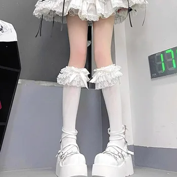 Новые креативные белые кружевные носки с бантом, женские носки средней длины с тонким кружевным ворсом, многослойные кружевные носки до икр для девочек, черные оптом 3
