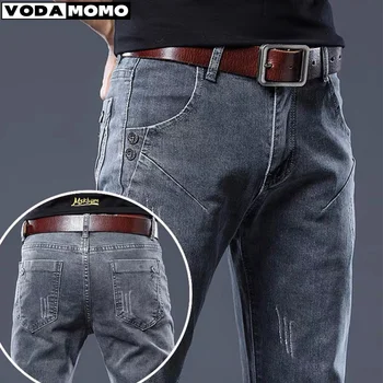 Новые летние мужские повседневные джинсы с прямыми штанинами светлых тонов, стрейчевые свободные брюки, мужские деловые хлопковые джинсовые брюки Homme
