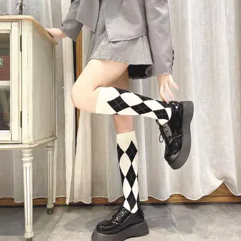 Новые носки для икр в ромбовидную клетку All Seasons JK Girls Sweet в японском стиле, хлопчатобумажные носки средней длины