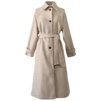 Отложной воротник, винтажный дизайн, цвет хаки, длинный рукав, женский длинный тренч, стильное пальто, свободное тонкое шерстяное пальто