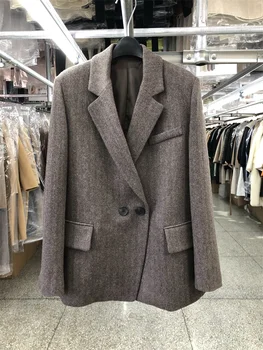 Пальто из 100% шерсти в елочку, женская винтажная корейская модная зимняя куртка, осень 2023 г.