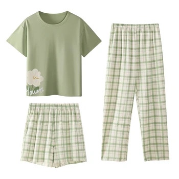 Пижамный комплект с нагрудной накладкой, топы с коротким рукавом + шорты + длинные брюки, комплект из 3 предметов, пижама из чистого хлопка, женская прекрасная пижама